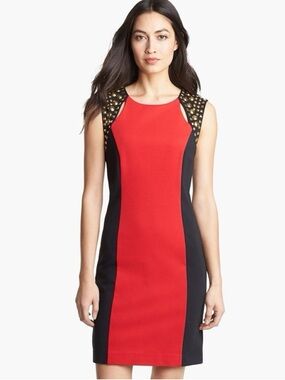 MICHAEL Michael Kors Red and Black Studded Shoulder Sheath Dress